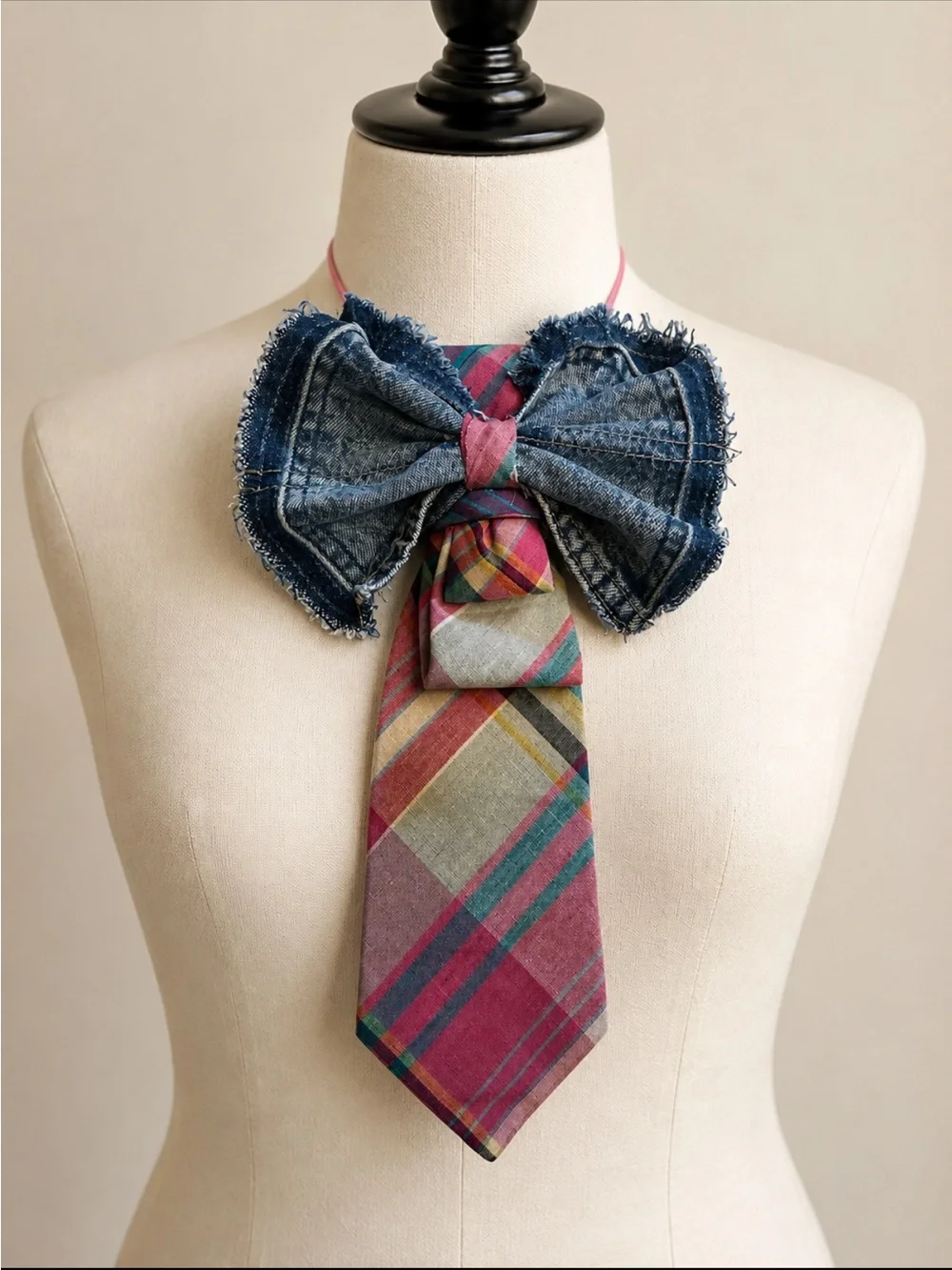 Handmade Denim Bow and Plaid Tie Necklace - Pink & Blue